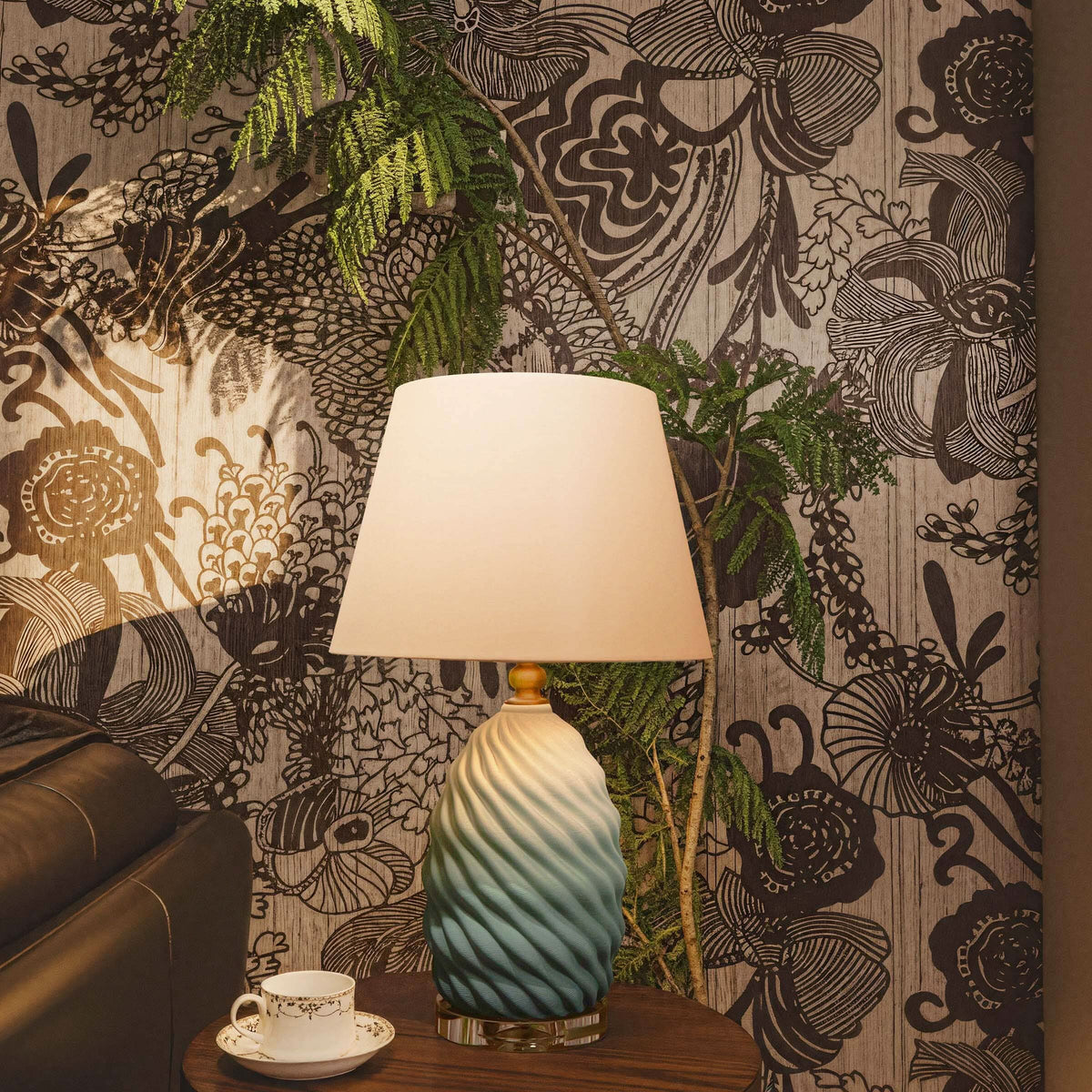 Lightsin 3D Green White Gradient Threaded Ceramic Table Lamp with Fabric Shade