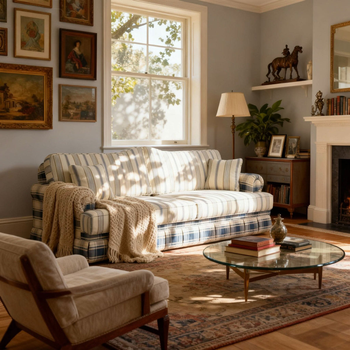 Cottonfy Heritage Plaid Skirted Sofa with Concealed Storage Drawers