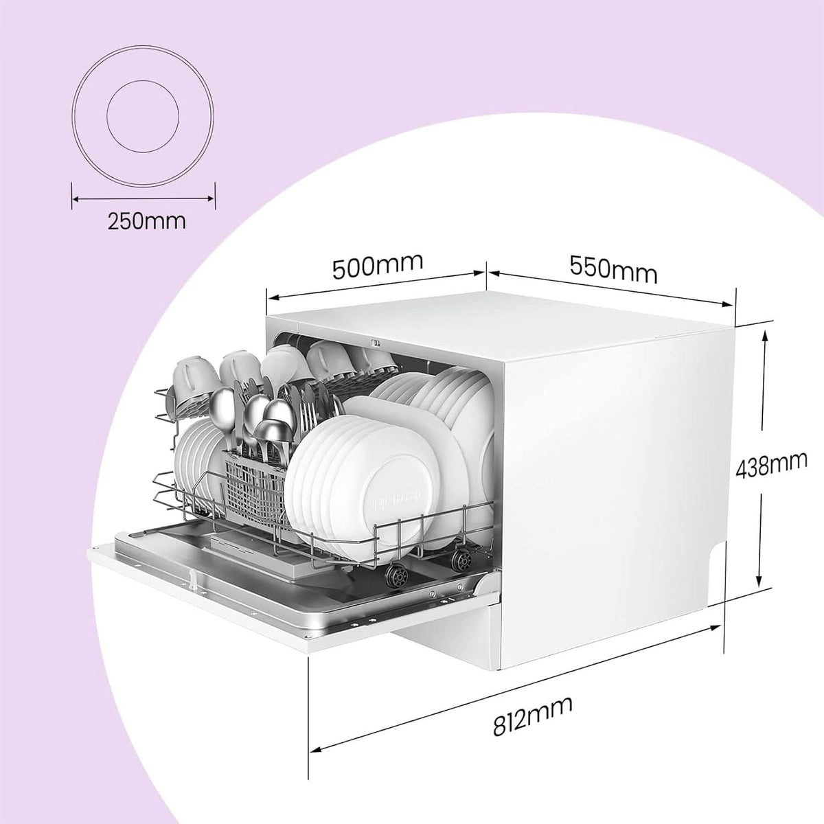 COMFEE 6.5L White/Silver Compact Countertop Dishwasher with LED Display and 6 Place Settings