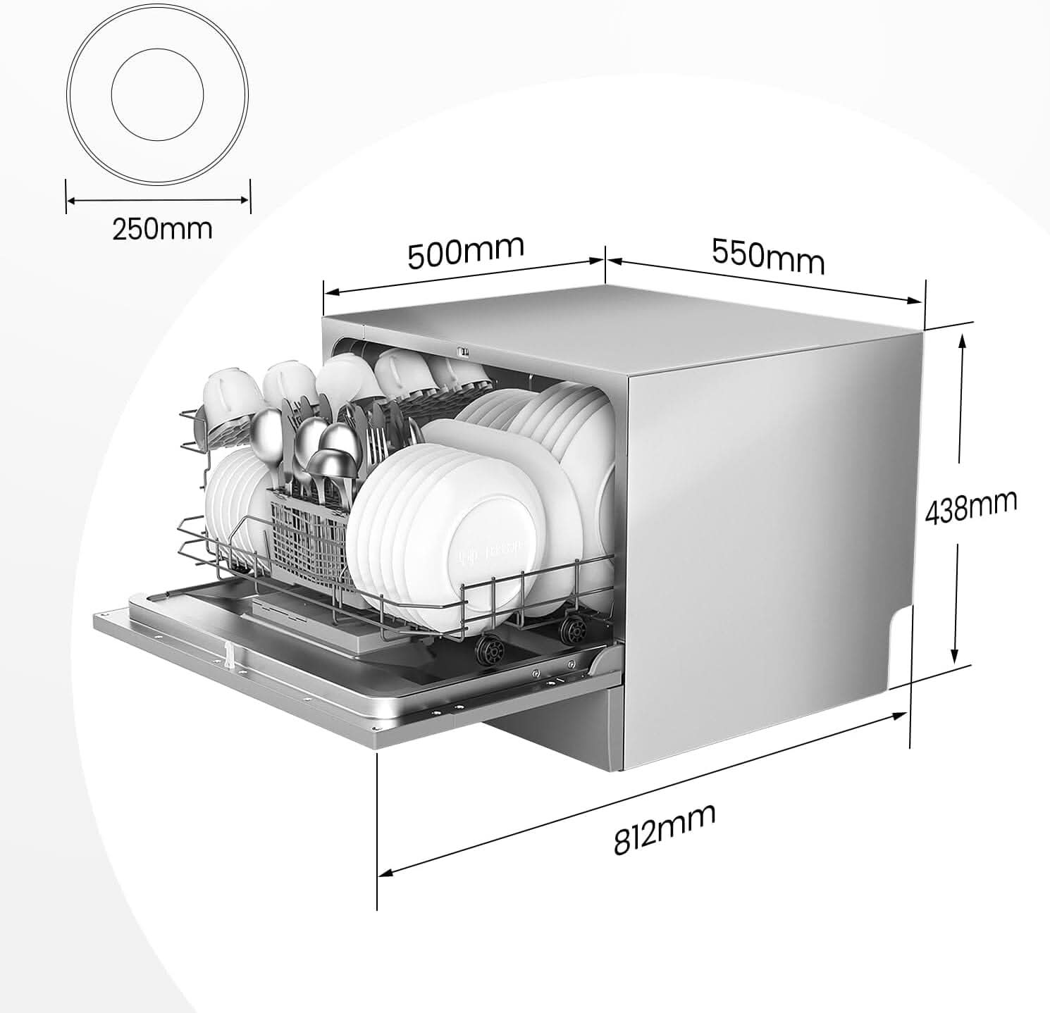 COMFEE 6.5L White/Silver Compact Countertop Dishwasher with LED Display and 6 Place Settings