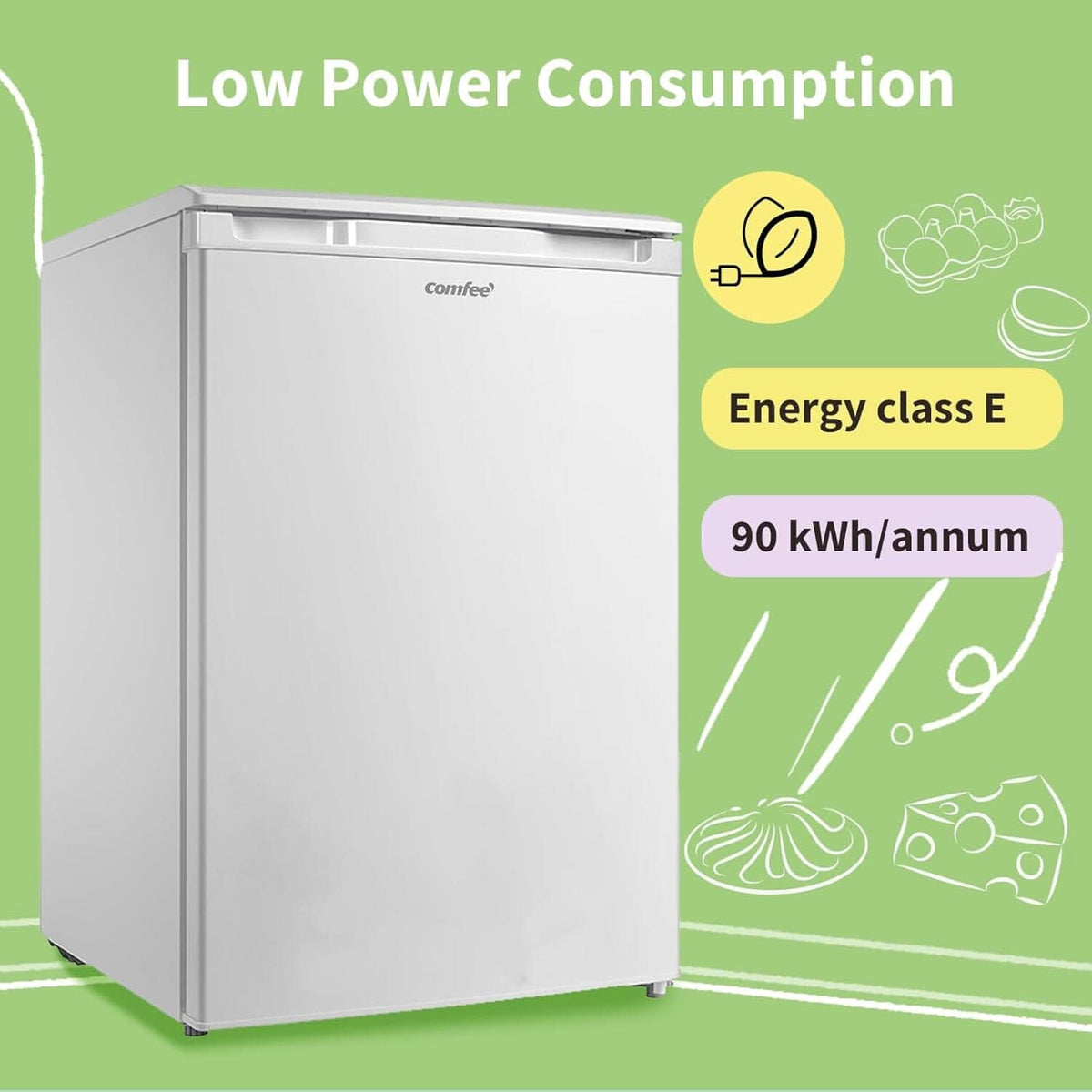 COMFEE 131L White Under Counter Larder Fridge with Adjustable Shelves