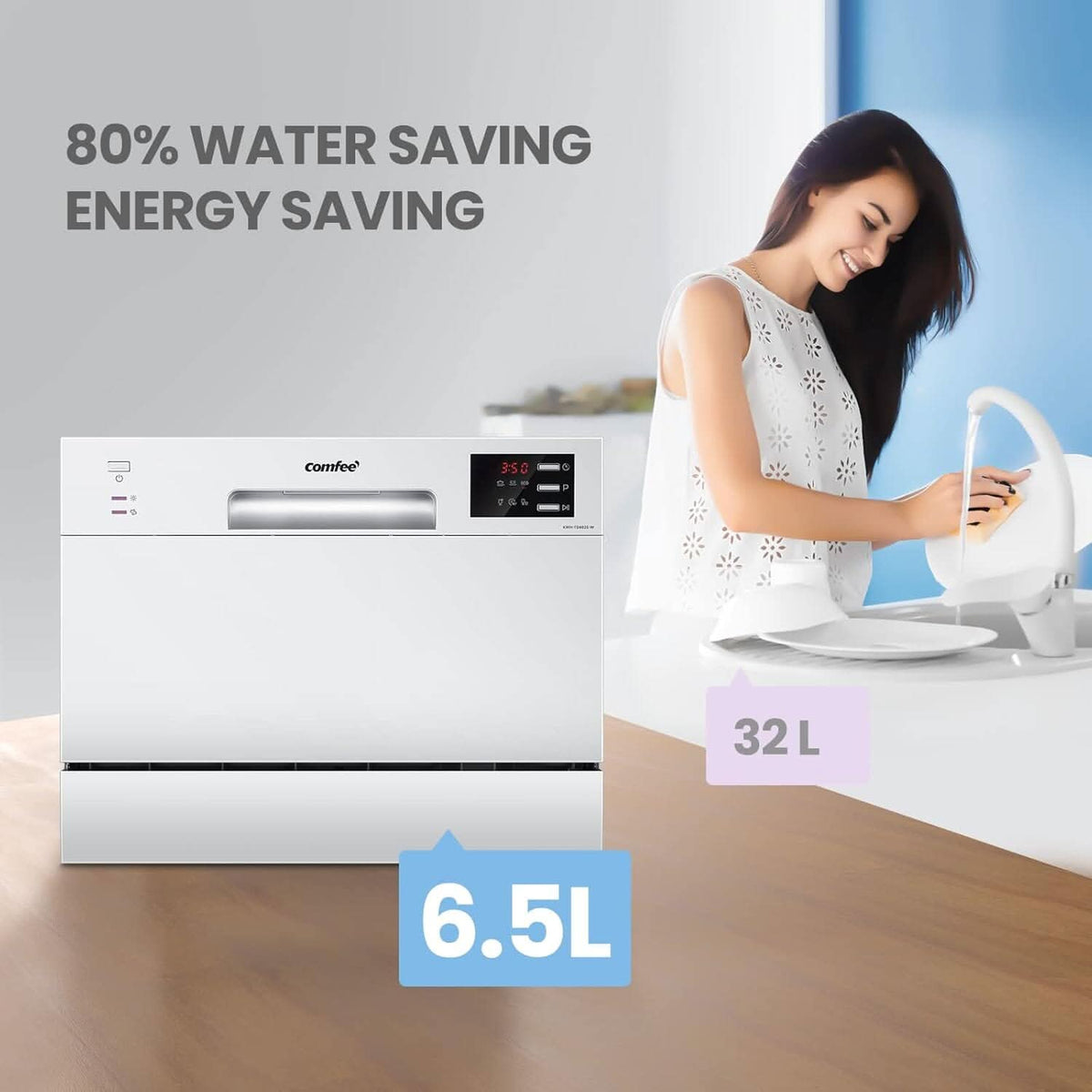 COMFEE 6.5L White/Silver Compact Countertop Dishwasher with LED Display and 6 Place Settings