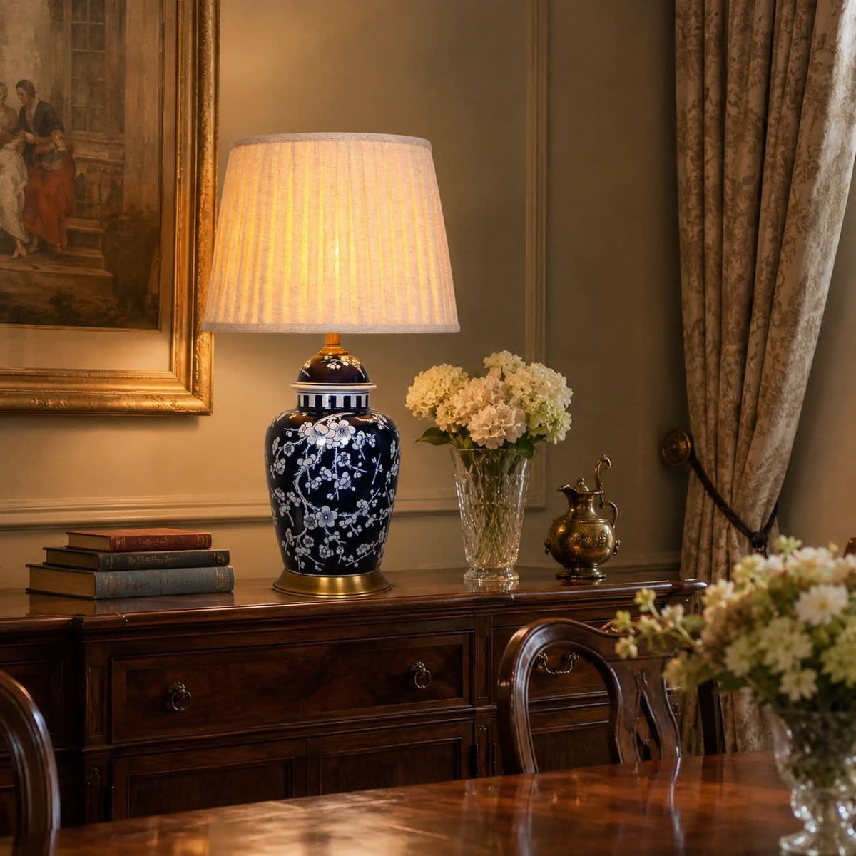 Lightsin Vintage Desk Lamp Ceramic Floral Design with Brass Base and Fabric Shade