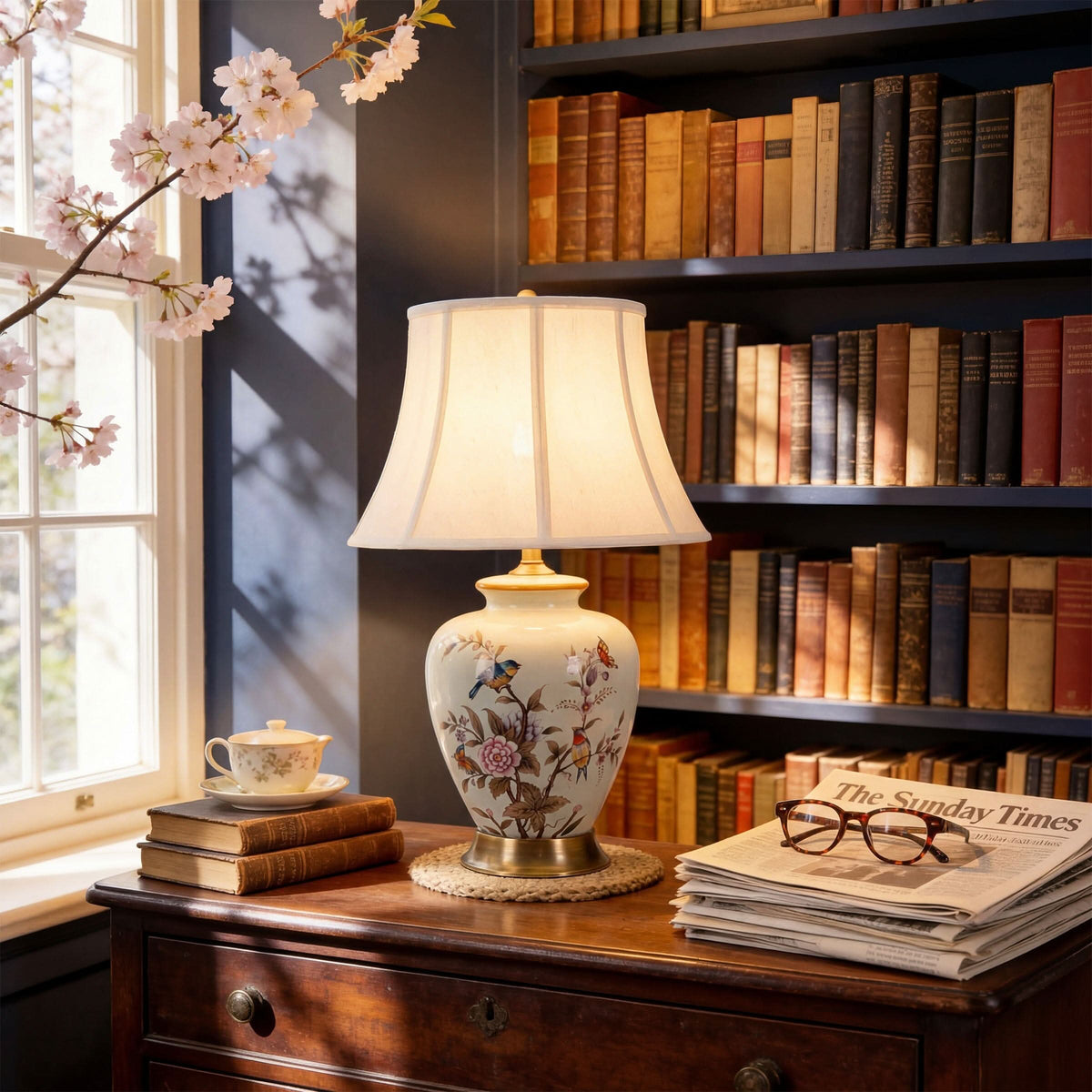 Lightsin Hand-Painted Vintage Ceramic Bird & Floral Table Lamp in Soft Celadon Green