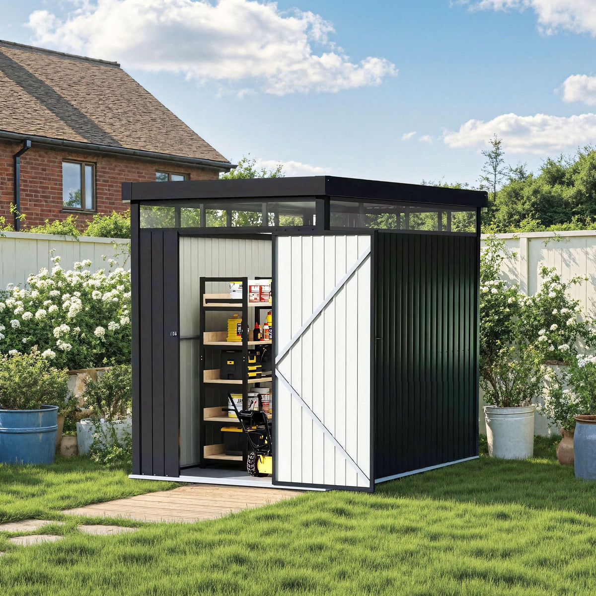 2x2.6x2m/1.6x2.6x2m/2.6x3x2m/4x3x2m Charcoal Black Galvanized Steel Storage Shed with Double/Single Lockable Doors