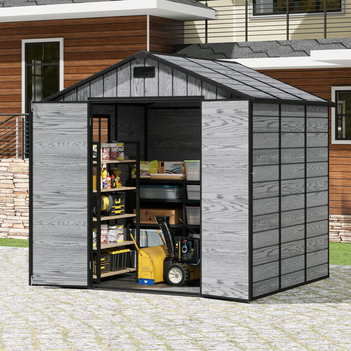 8x6ft / 8x8ft Plastic Outdoor Apex Roof Tool Shed with Dual-door (Ver.2)