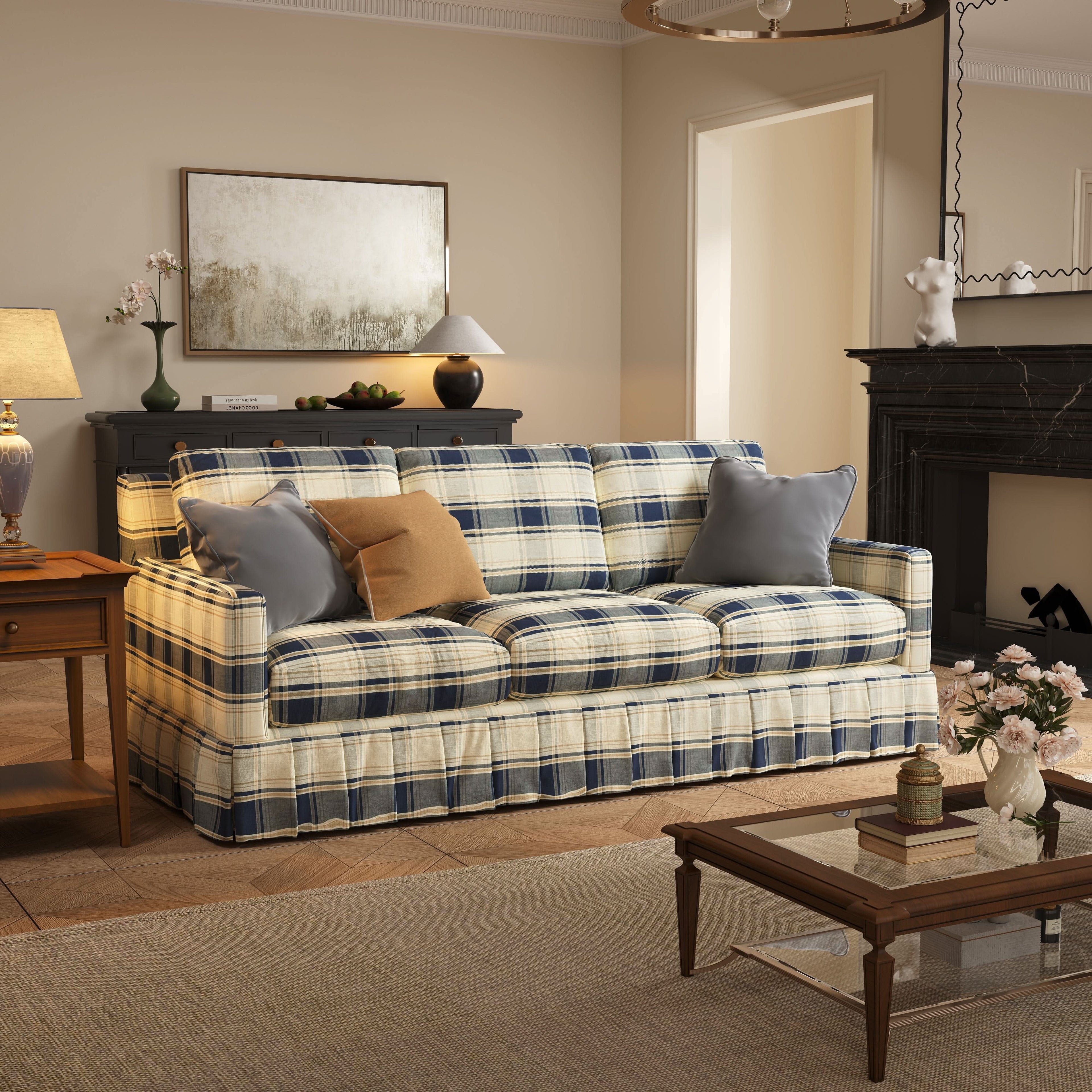 Cottonfy 3 Seater Striped Sofa with Removable Covers and Skirted Design