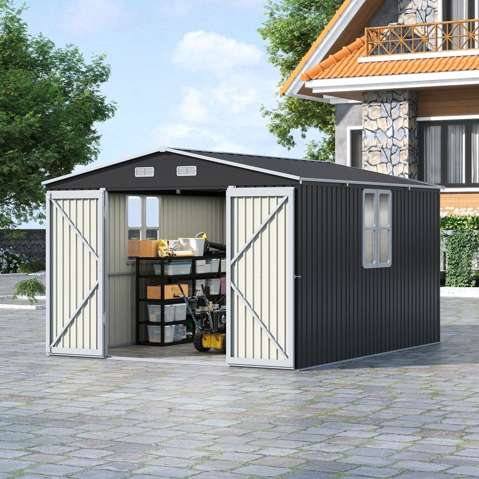 12x10ft / 10x12ft / 10x16ft Charcoal Black Galvanized Steel Storage Shed with Double Lockable Doors & Grid Windows