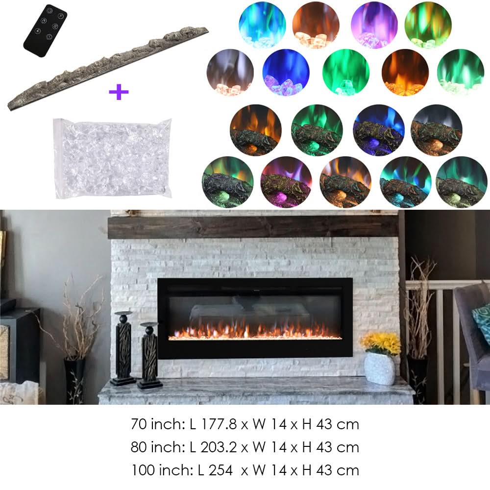 70/80/100 Inch Inset Electric Fireplace Built-In Heater with 9 Flame Colour