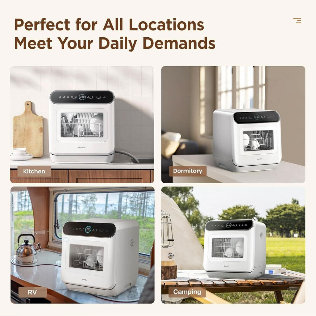 COMFEE 6L White Compact Countertop Dishwasher with LED Display and 6 Place Settings