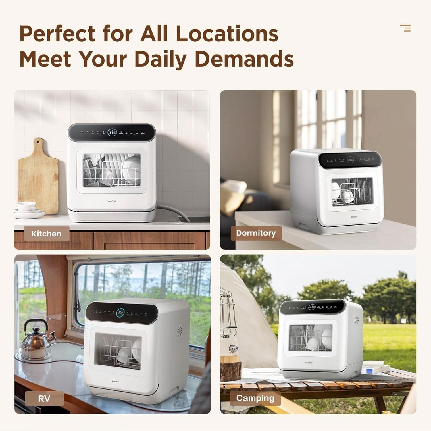 COMFEE 6L White Compact Countertop Dishwasher with LED Display and 6 Place Settings