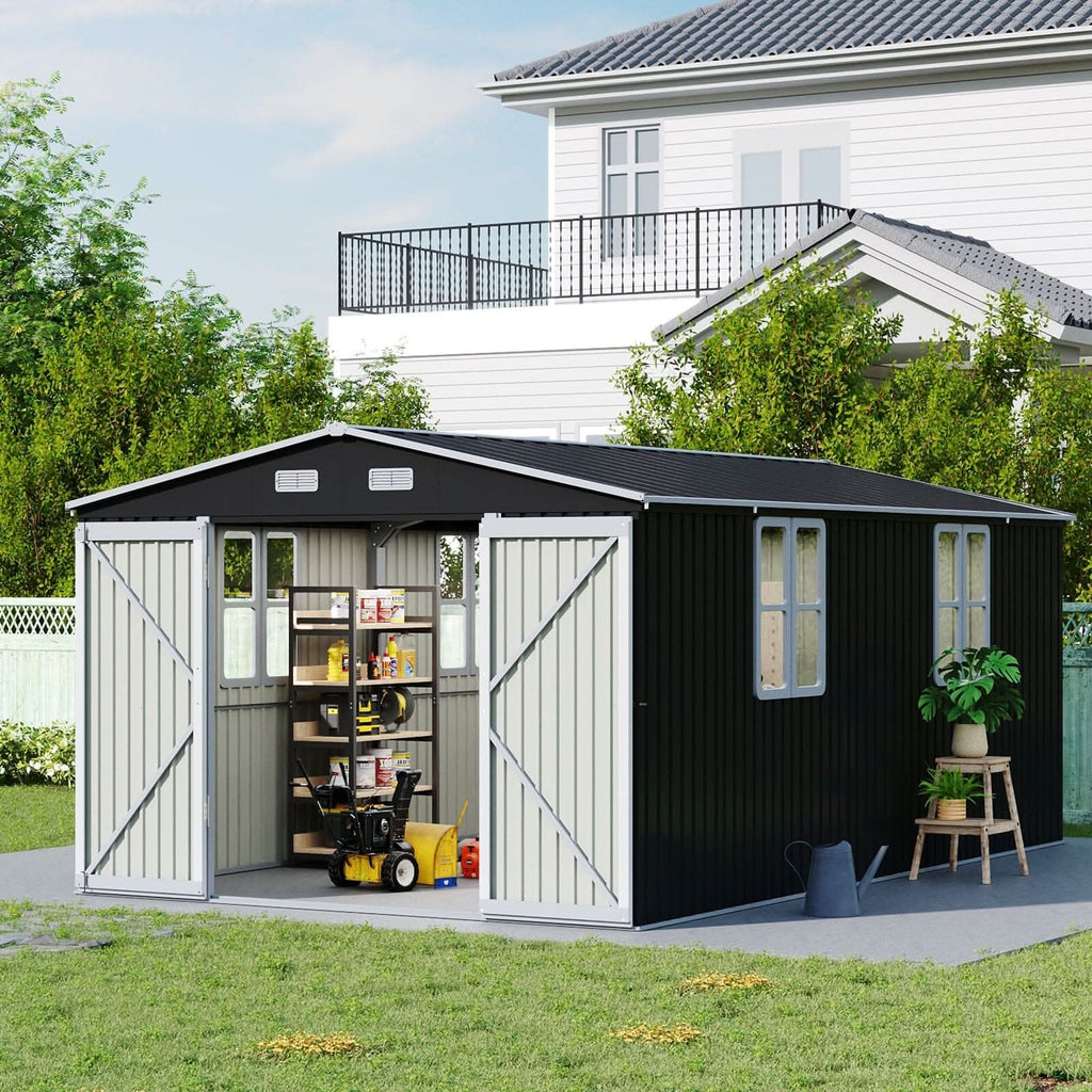 12x10ft / 10x12ft / 10x16ft Charcoal Black Galvanized Steel Storage Shed with Double Lockable Doors & Grid Windows