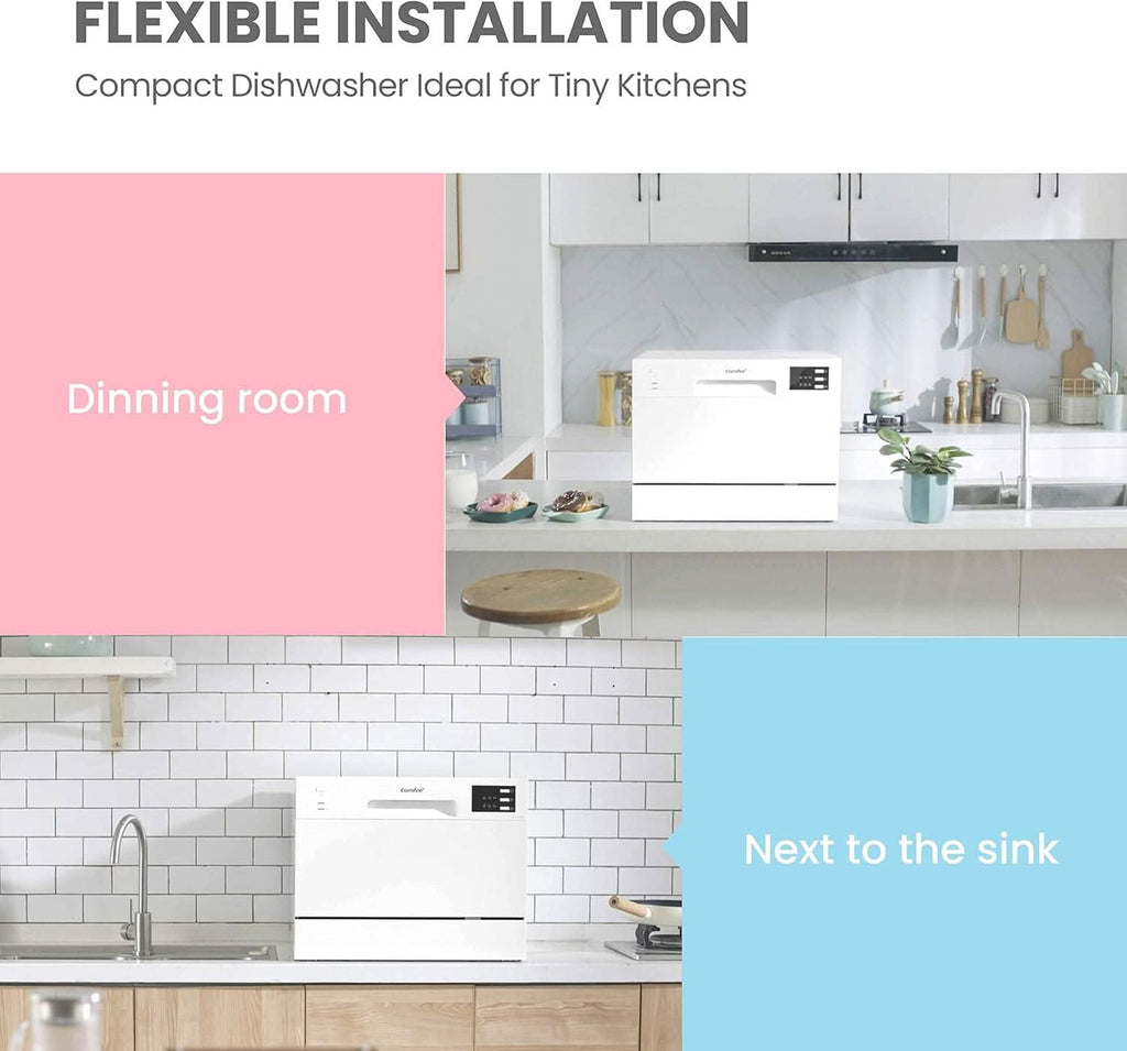 COMFEE 6.5L White/Silver Compact Countertop Dishwasher with LED Display and 6 Place Settings