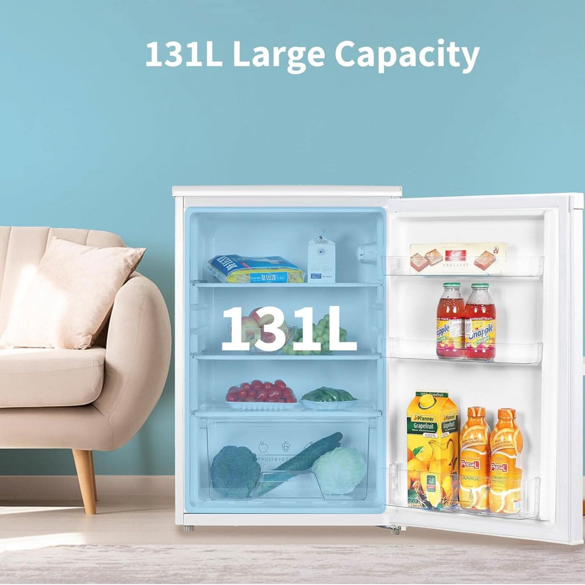 COMFEE 131L White Under Counter Larder Fridge with Adjustable Shelves