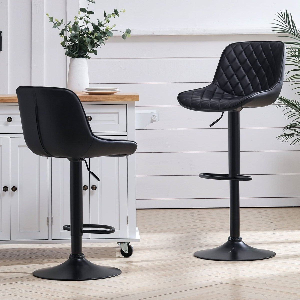 Set of 2 Faux Leather Height Adjustable Bar Stool Black