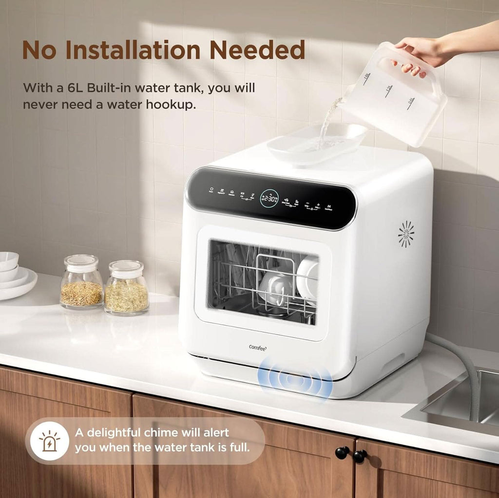 COMFEE 6L White Compact Countertop Dishwasher with LED Display and 6 Place Settings