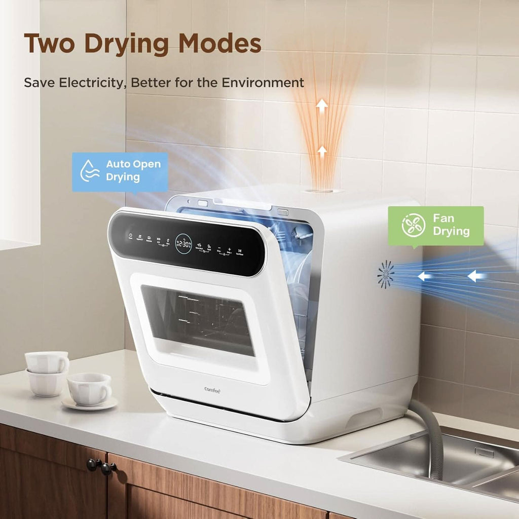 COMFEE 6L White Compact Countertop Dishwasher with LED Display and 6 Place Settings