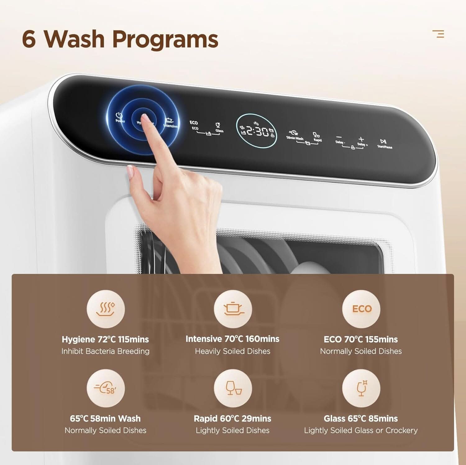 COMFEE 6L White Compact Countertop Dishwasher with LED Display and 6 Place Settings