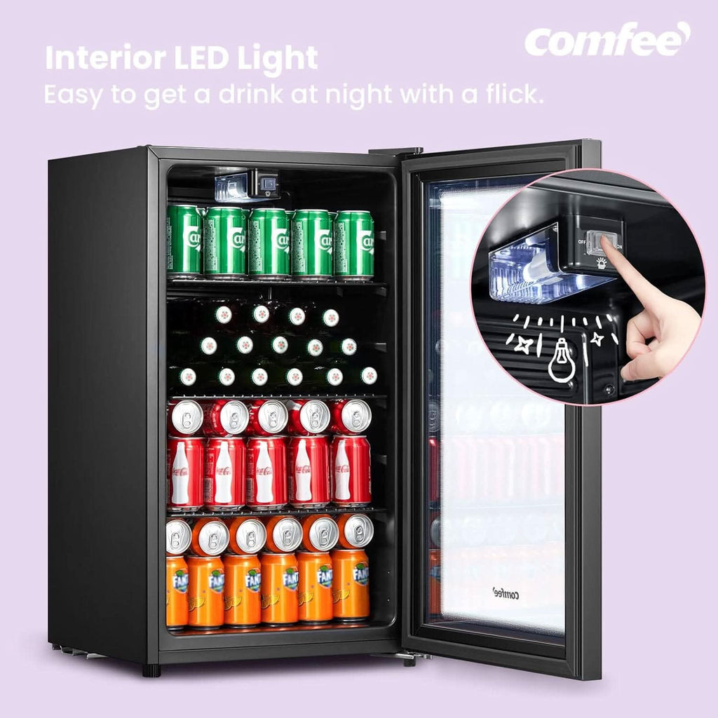 COMFEE 93L Black Compact Drinks Fridge with Adjustable Shelves and LED Light