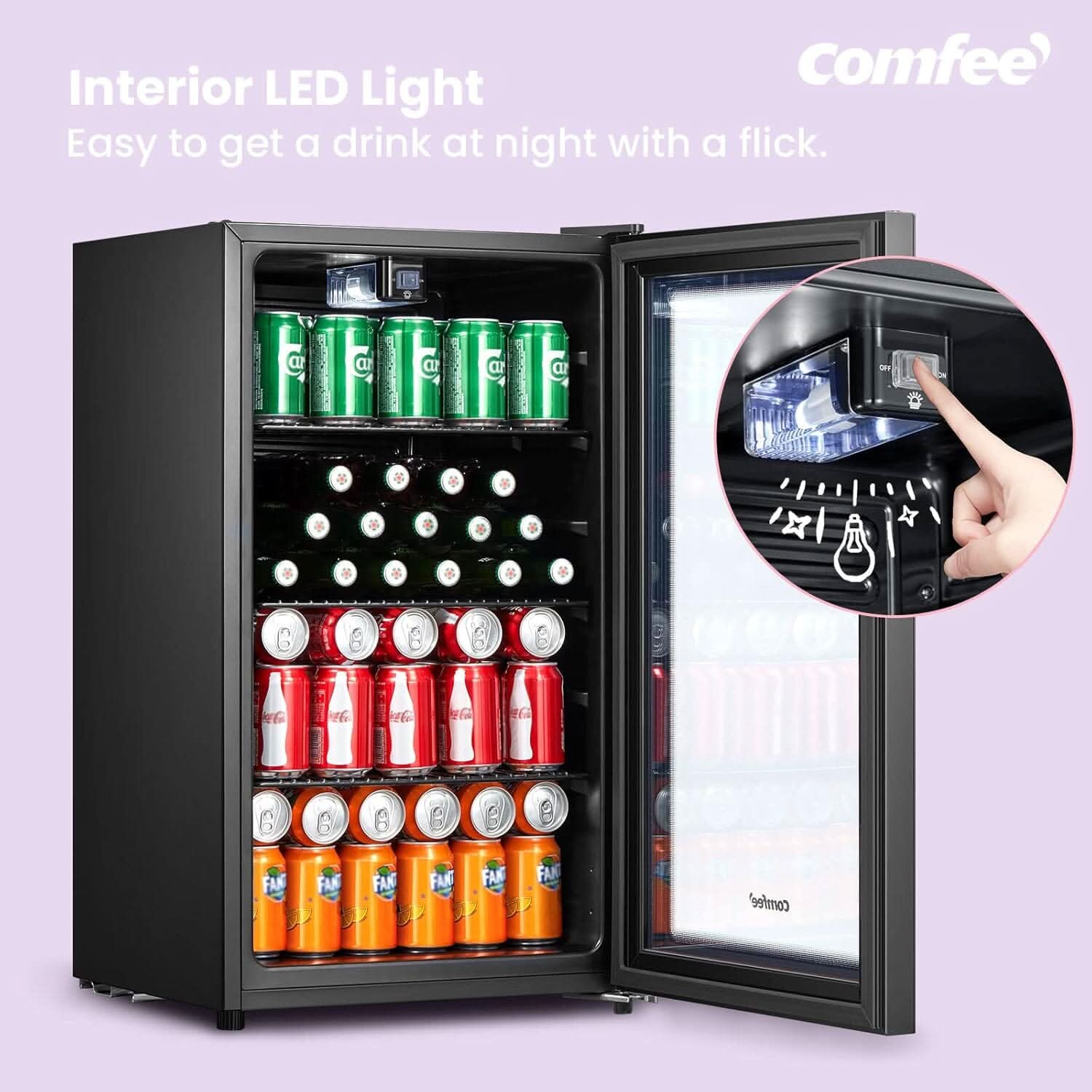 COMFEE 93L Black Compact Drinks Fridge with Adjustable Shelves and LED Light