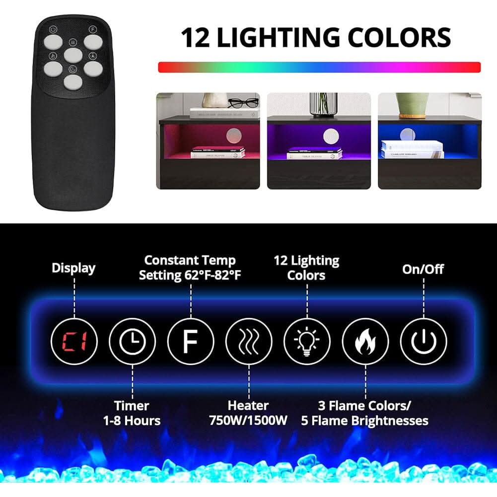 36 Inch Recessed Electric Fireplace TV Stand with Closed Storage