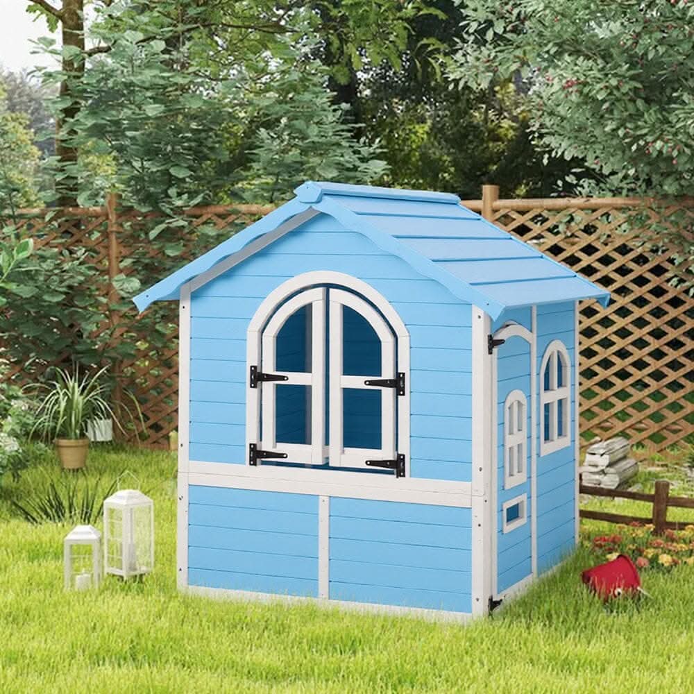 Blue Wooden Playhouse for Kids with Doors & Windows – Polished Fir Wood, Easy Assembly