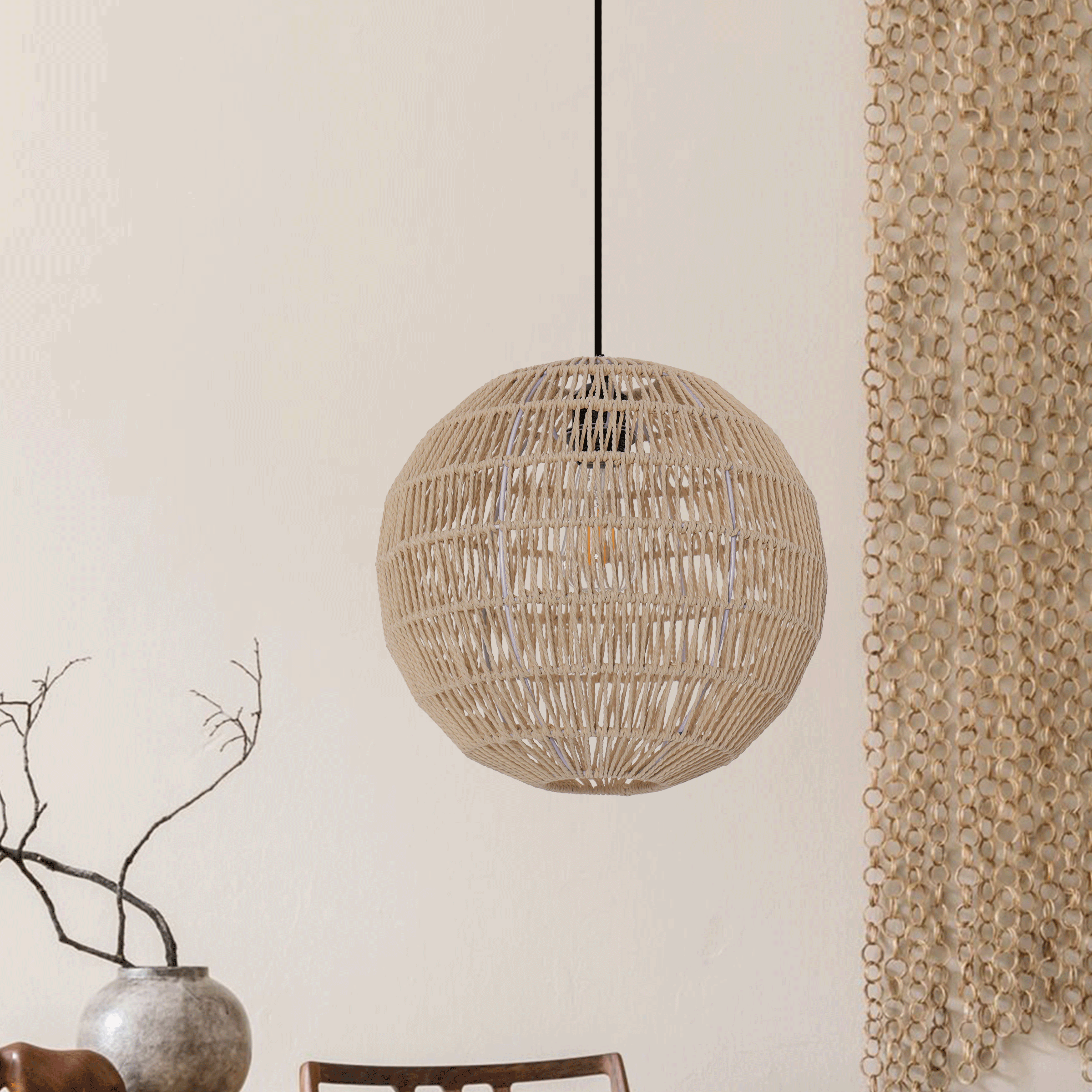 Lightsin Round Cotton Rope Pendant Light – Handwoven Ceiling Pendant for Living Room, Dining Room & Kitchen