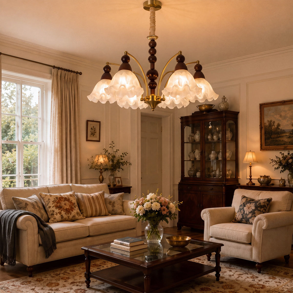 6-Light White Glass Chandelier | Adjustable E27 Ceiling Lamp