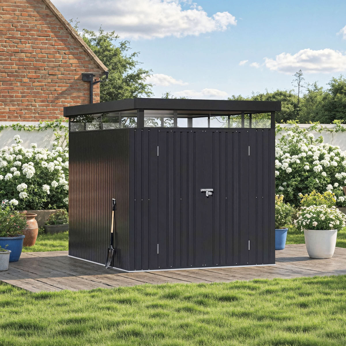 2x2.6x2m/1.6x2.6x2m/2.6x3x2m/4x3x2m Charcoal Black Galvanized Steel Storage Shed with Double/Single Lockable Doors