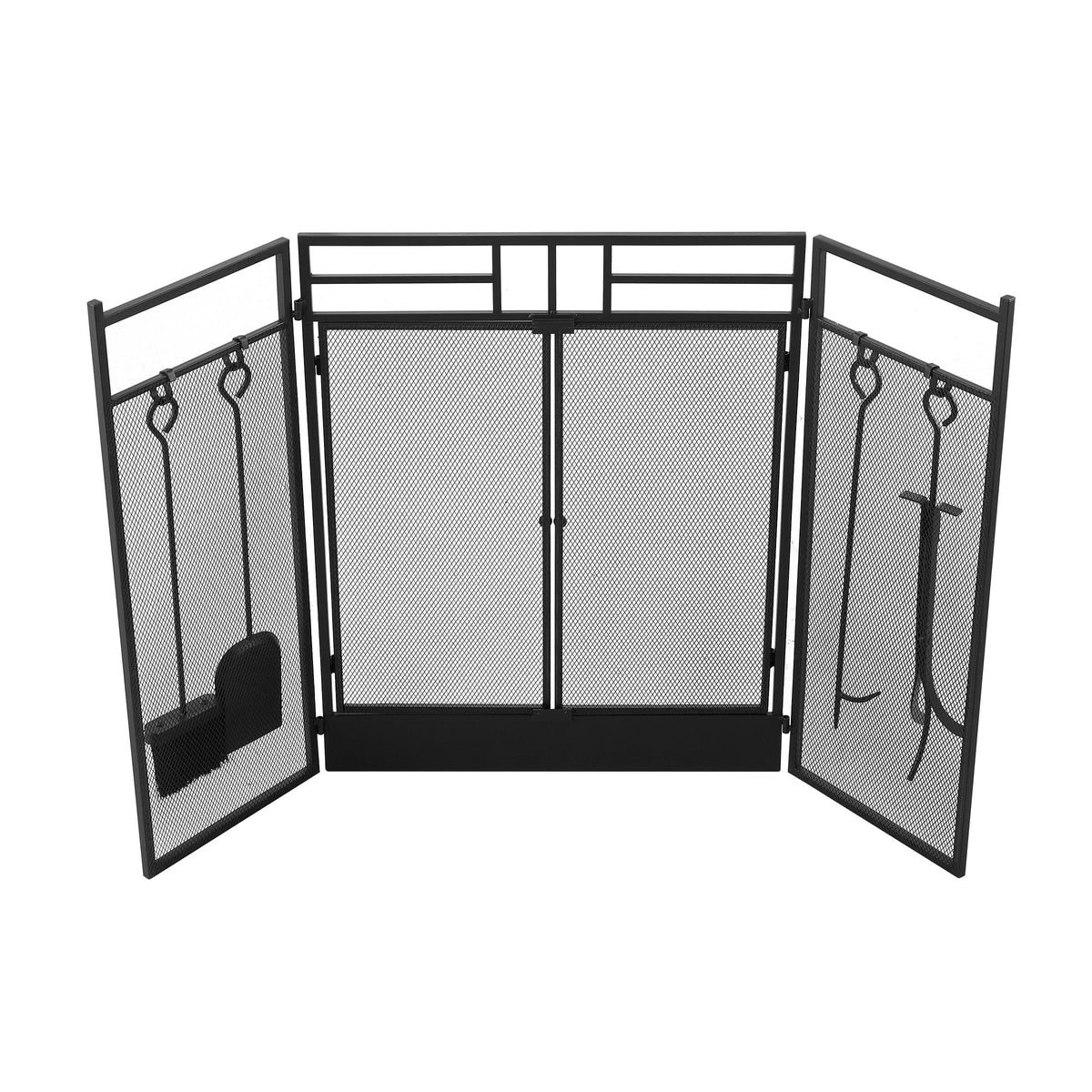 Smallbee Iron Fireplace Screen with 4-Piece Tool Set - Black Powder-Coated 122x1.3x80cm