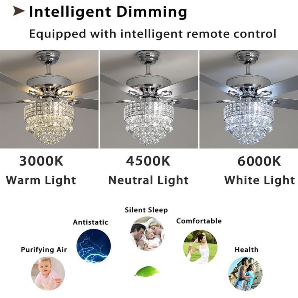 52 Inch LED Ceiling Fan 5 Blades Crystal Chandelier