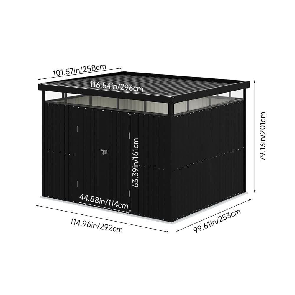 2x2.6x2m/1.6x2.6x2m/2.6x3x2m/4x3x2m Charcoal Black Galvanized Steel Storage Shed with Double/Single Lockable Doors