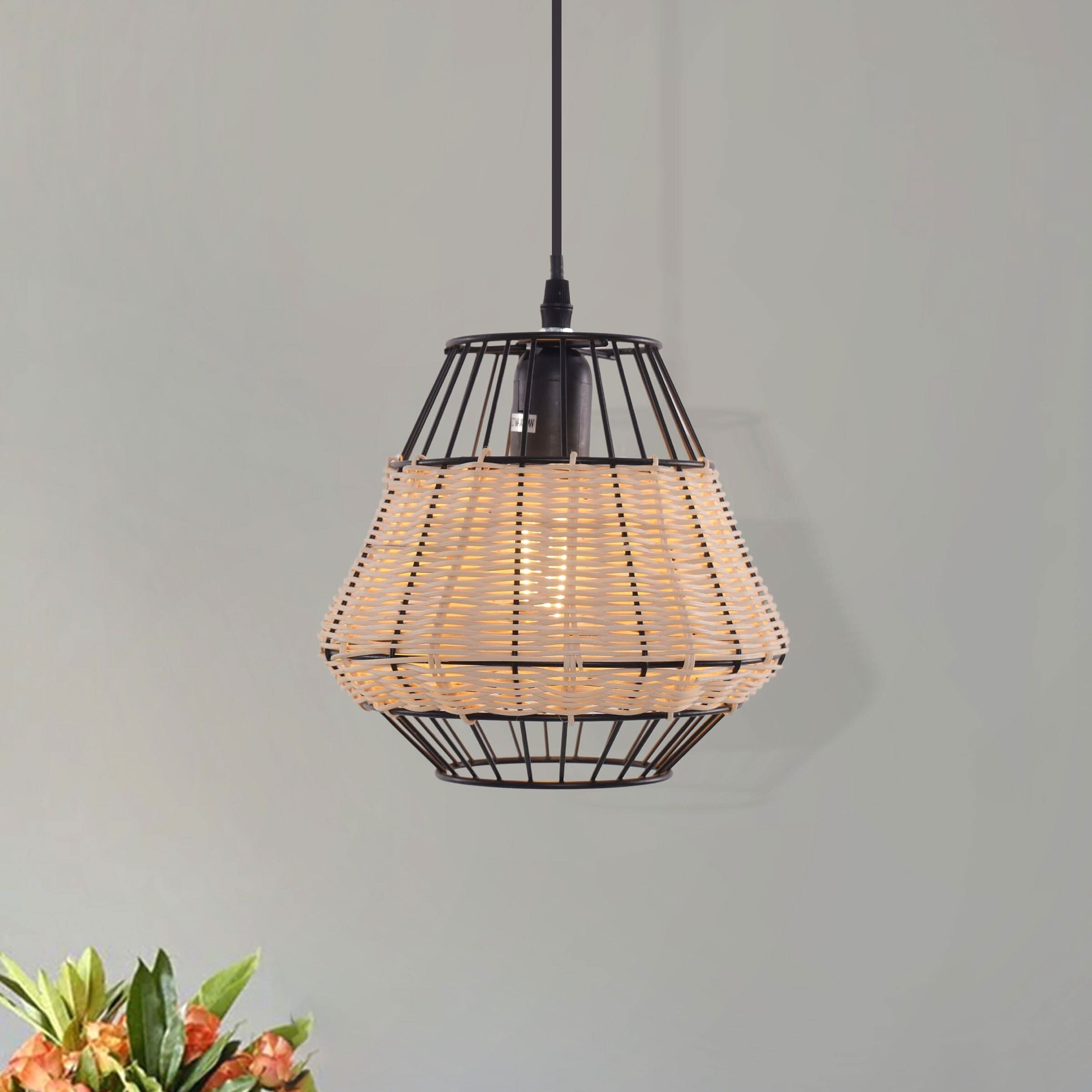Glyph-Lightsin Rustic Iron Woven Rattan Pendant Light for Dining Room, Reading Corner & Bedroom