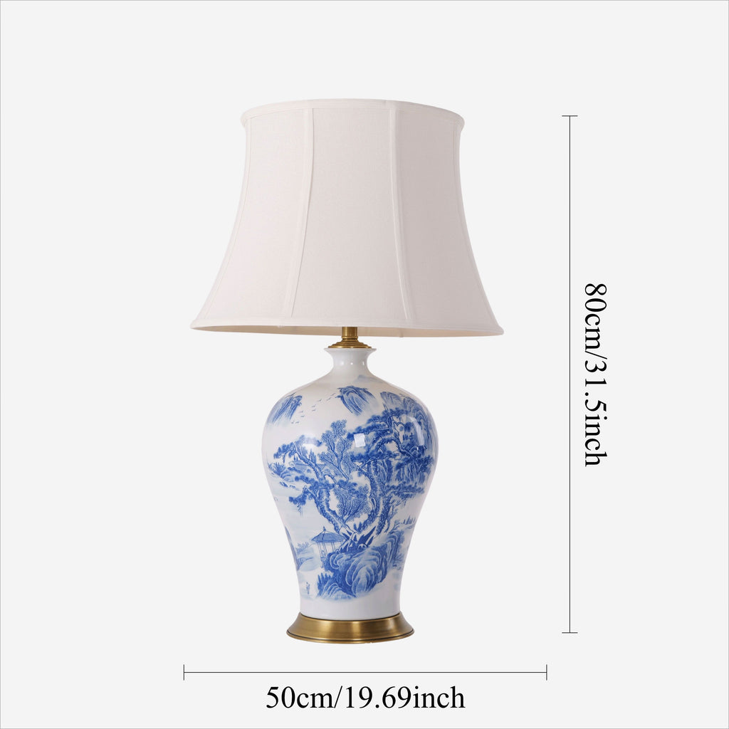 Lightsin Classic Ceramic Desk Lamp Blue and White with Fabric Shade