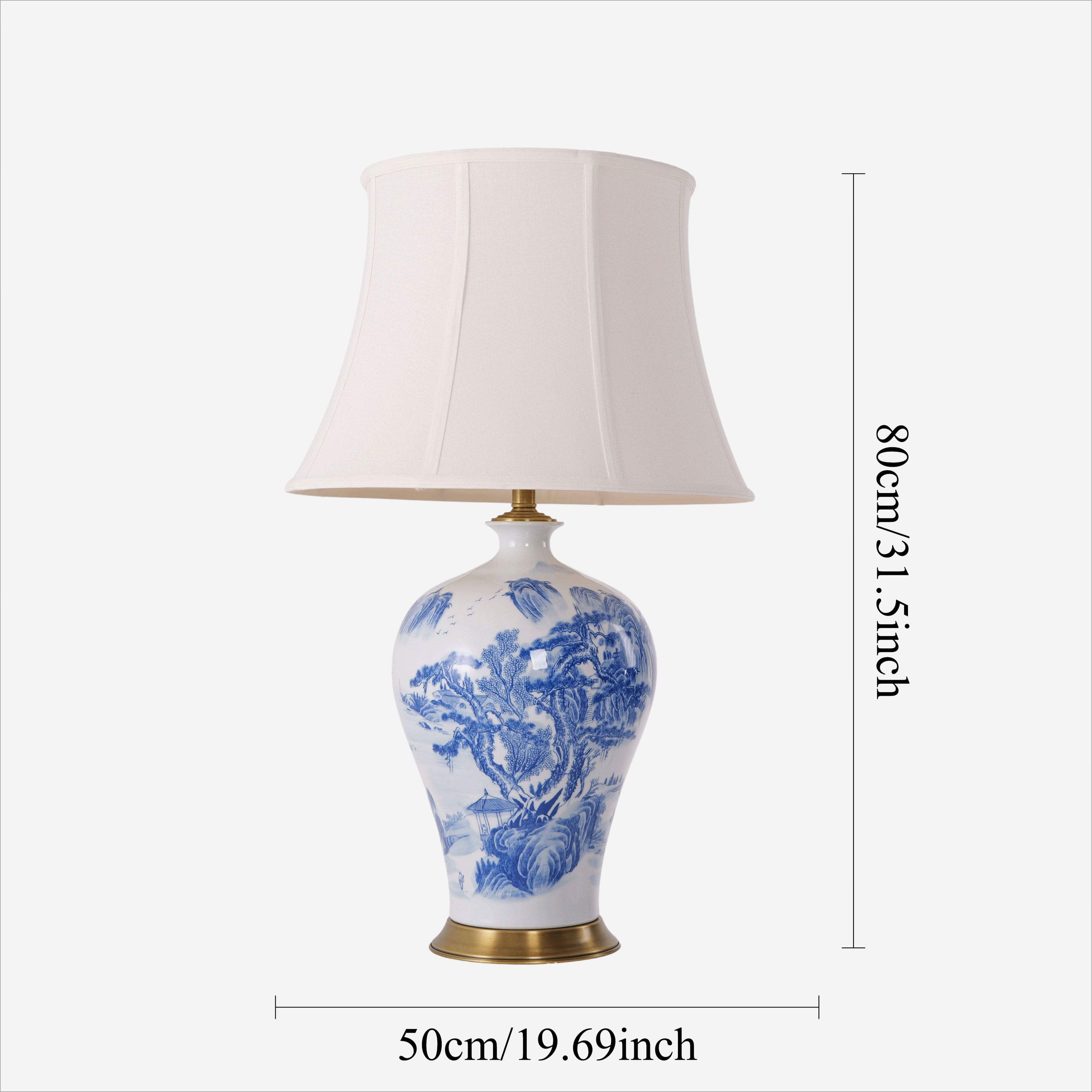 Lightsin Classic Ceramic Desk Lamp Blue and White with Fabric Shade