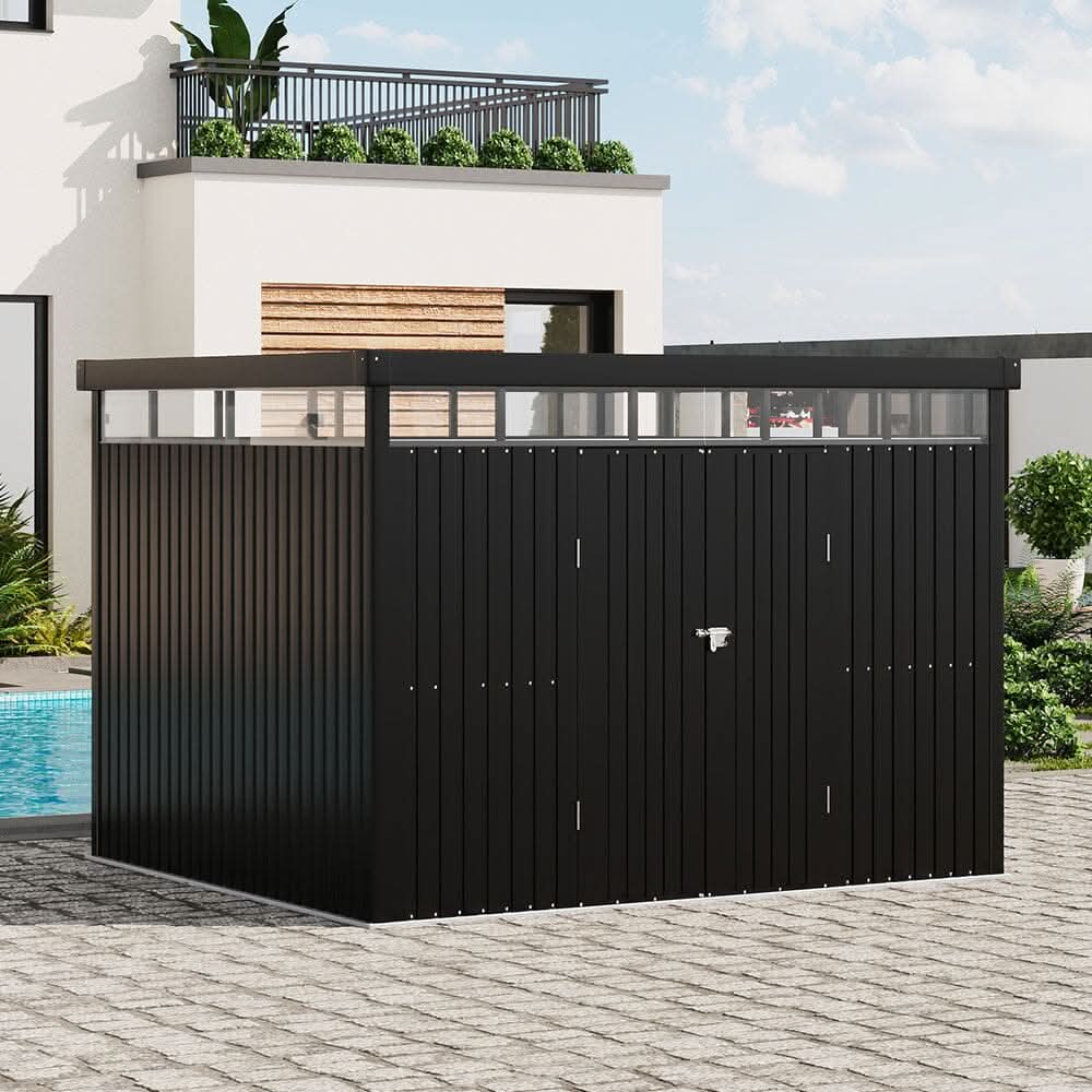 2x2.6x2m/1.6x2.6x2m/2.6x3x2m/4x3x2m Charcoal Black Galvanized Steel Storage Shed with Double/Single Lockable Doors