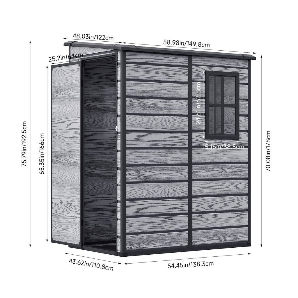 5x3ft / 5x4ft Plastic Garden Storage Shed with Front and Size Door for Bikes and Tools