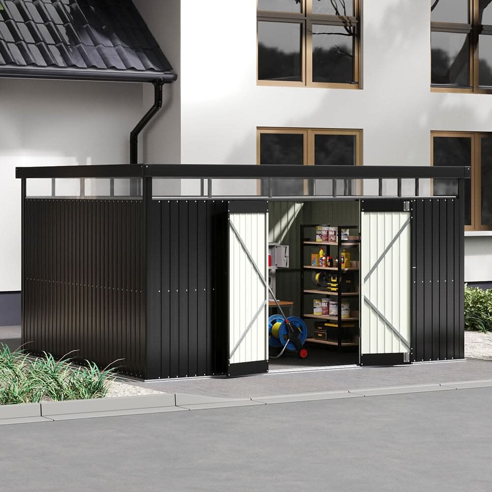 2x2.6x2m/1.6x2.6x2m/2.6x3x2m/4x3x2m Charcoal Black Galvanized Steel Storage Shed with Double/Single Lockable Doors