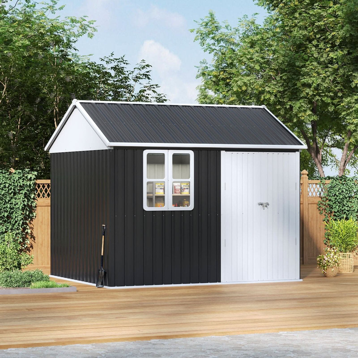 7X4ft/8.5X5.5ft/10x8ft Charcoal Black Storage Shed with Double Doors and Grid Window