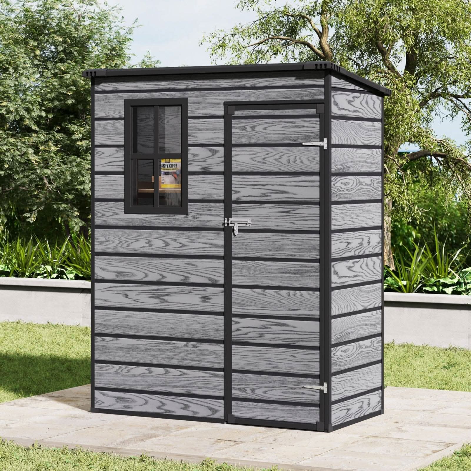5x3ft / 5x4ft Plastic Garden Storage Shed with Front and Size Door for Bikes and Tools