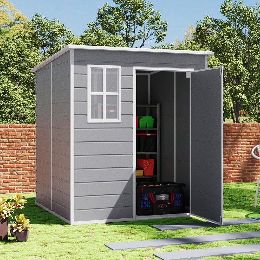 8x4/6x6ft PP Outdoor Apex/Flat Roof Garden Storage Shed with Window and Vent