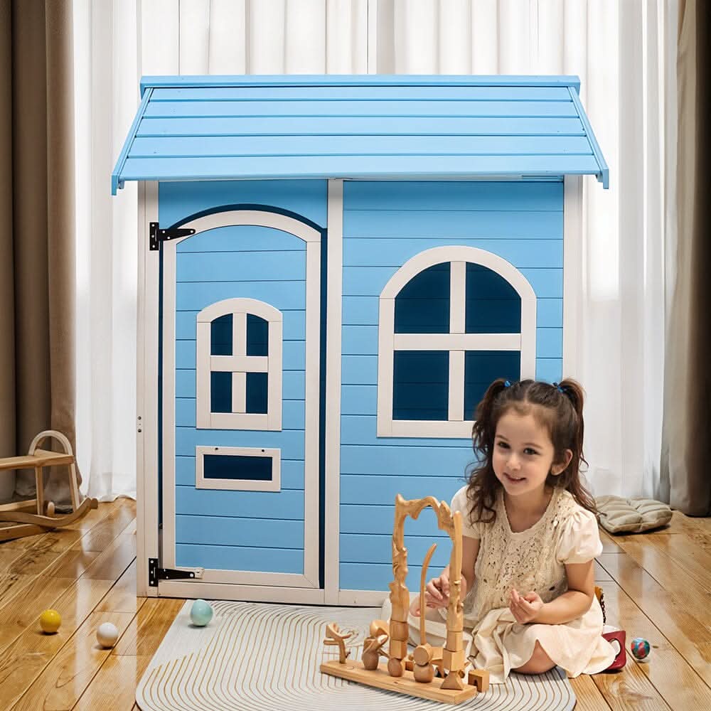 Blue Wooden Playhouse for Kids with Doors & Windows – Polished Fir Wood, Easy Assembly
