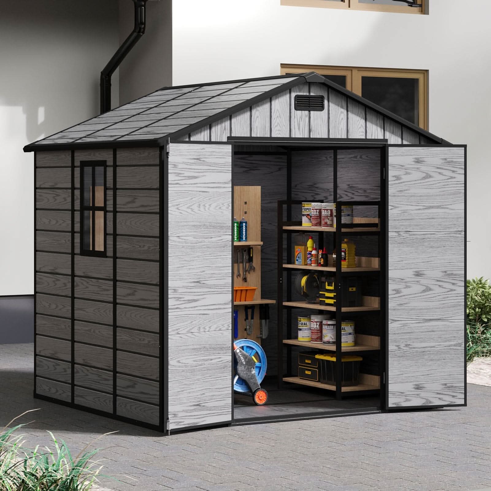 8x6ft / 8x8ft Plastic Outdoor Apex Roof Tool Shed with Dual-door (Ver.2)