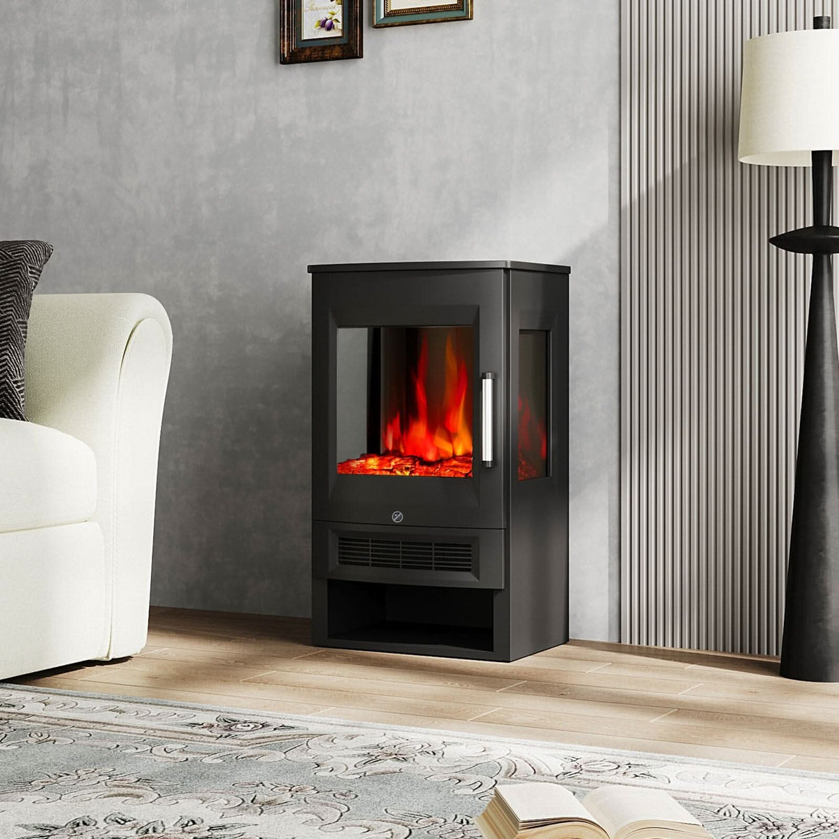 3-Sided Freestanding Electric Fireplace with Remote Control – Black, 900/1800W, Adjustable LED Flame & Temperature