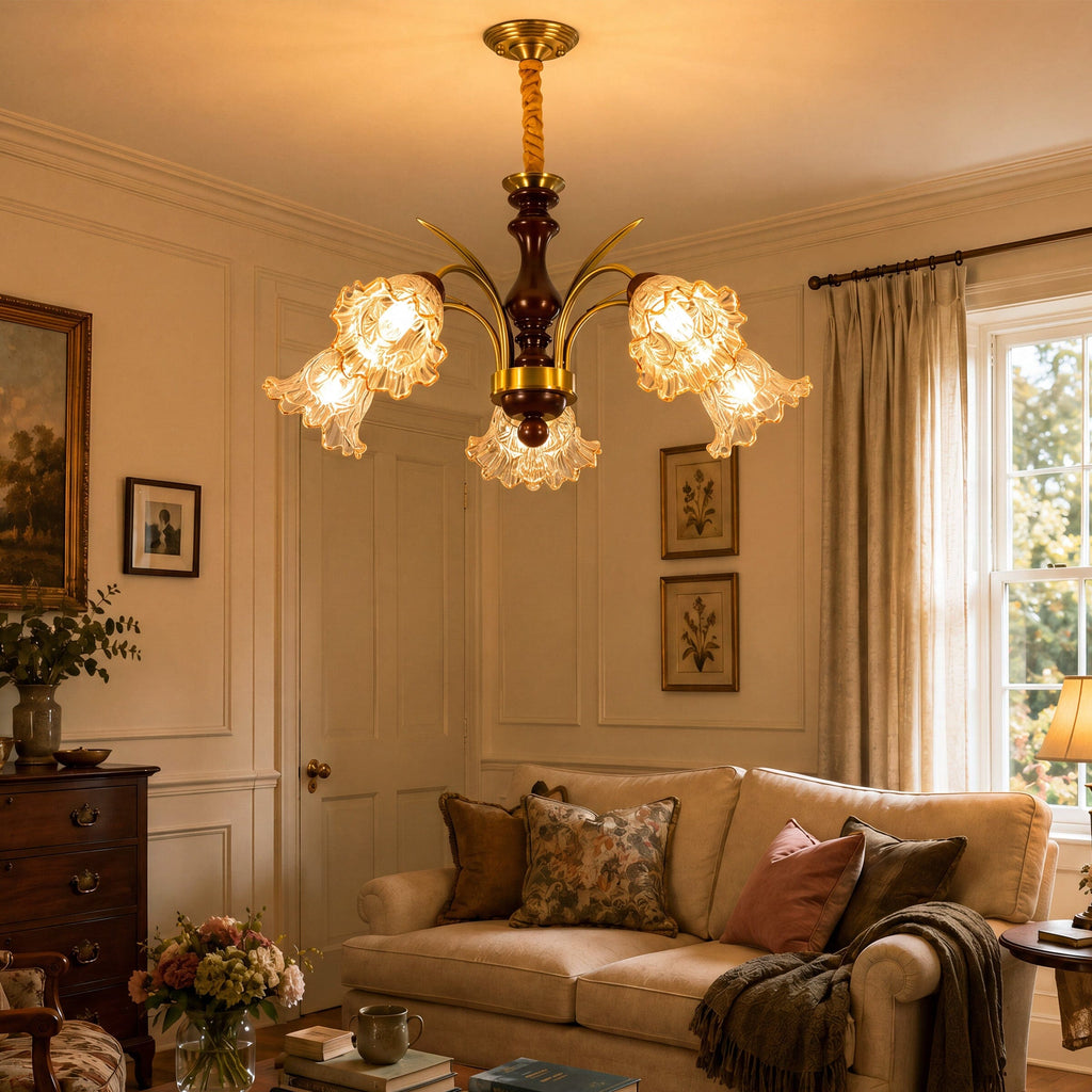 5-Light Vintage Glass Flower Chandelier | Copper E27 Pendant Lamp