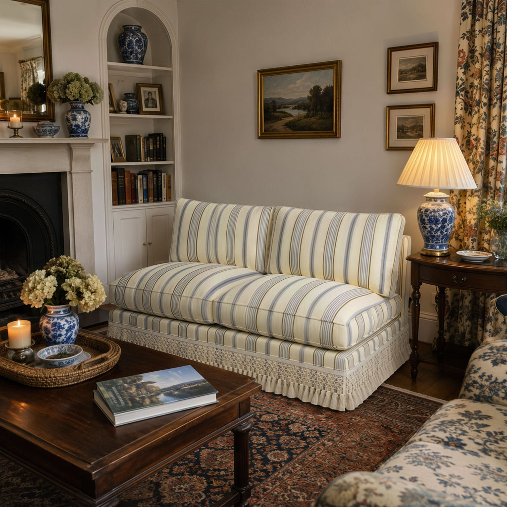 Armless Sofa with Fringed Trim and Removable Covers