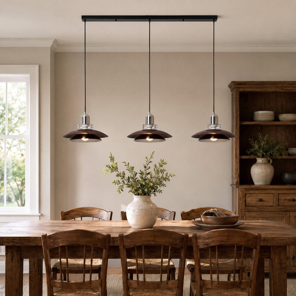 3-Light Walnut Iron Pendant Light | Adjustable E27 Ceiling Lamp