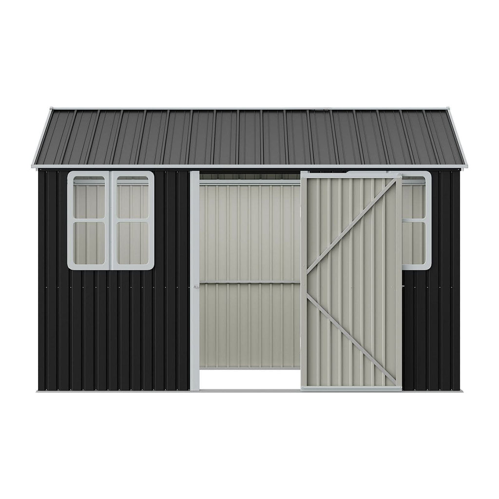 12x10ft / 10x12ft / 10x16ft Charcoal Black Galvanized Steel Storage Shed with Double Lockable Doors & Grid Windows