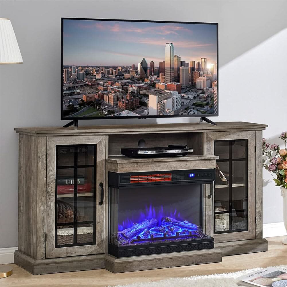 Smallbee Panoramic Glass Fireplace TV Stand with Storage Cabinets, Customizable Flames & Remote Control