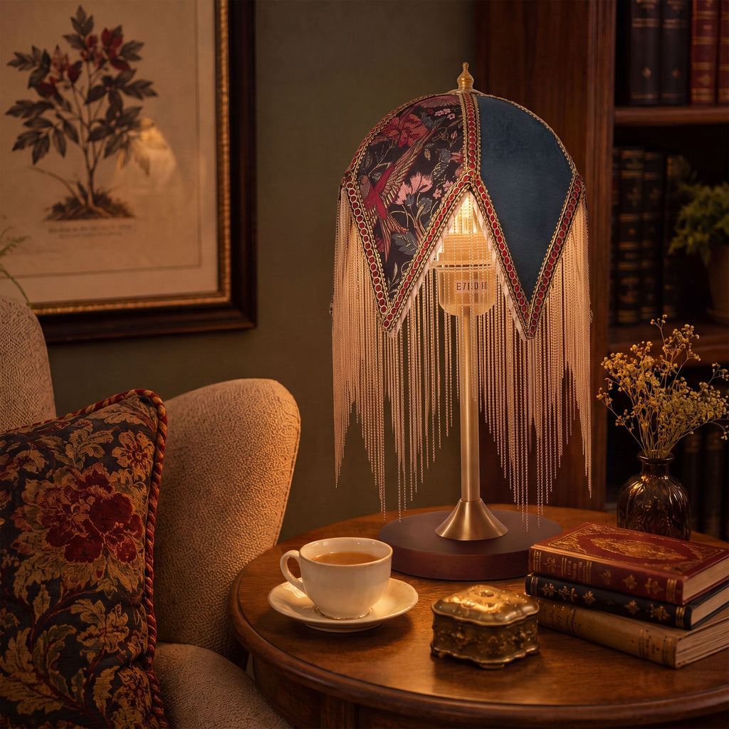 Mid-Century Vintage Tassel Table Lamp | Antique Brass & Fabric Bedside Lamp